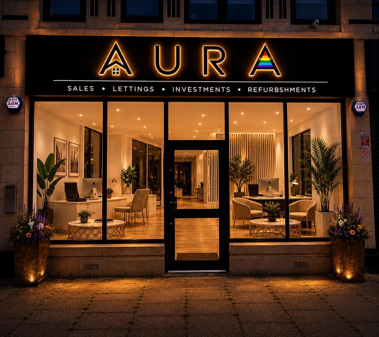 Aura property office storefront at night